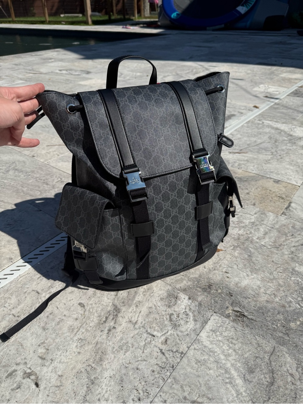 Gucci Gray GG Monogram Large Canvas Backpack with colored Straps